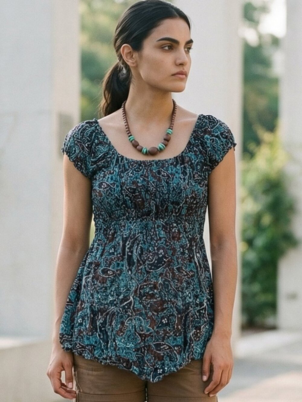 Fashion Bug Teal & Chocolate Paisley Smocked Fairy Whimsical Cap Sleeve Blouse